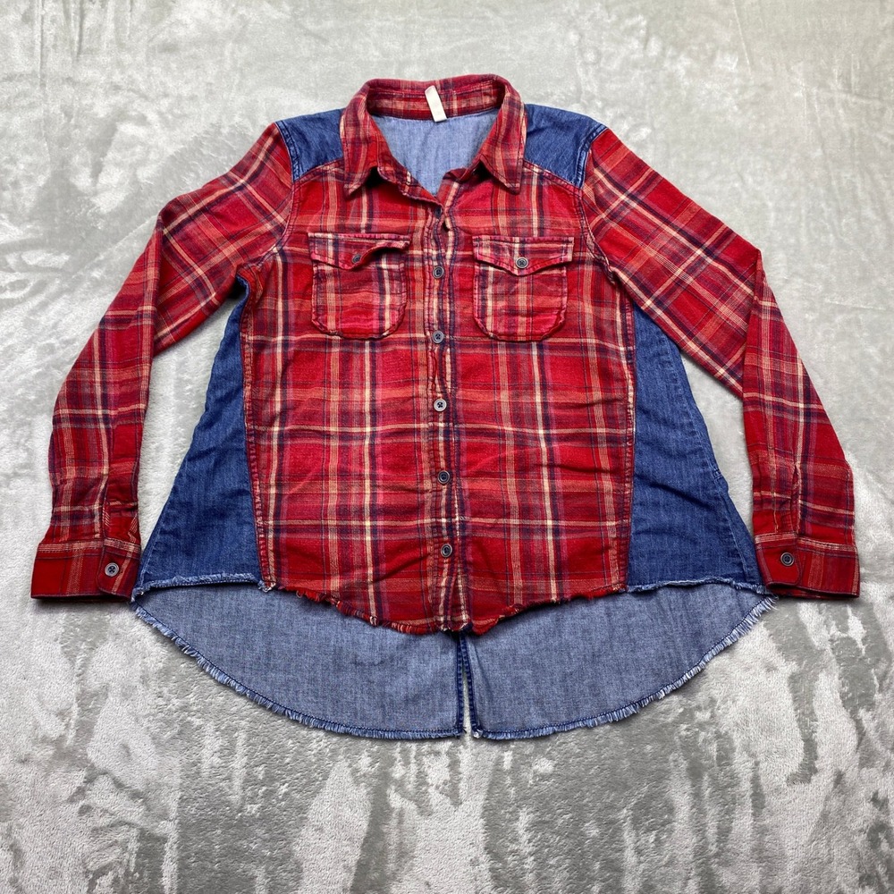 Free People Road Trip Getaway‎ Flannel and Denim Button-Down Shirt Sz S Grunge